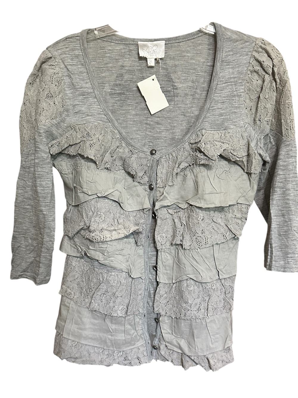 Luluvia (Anthropologie Brand) Light Gray Ruffle Lace Cardigan- NWT L